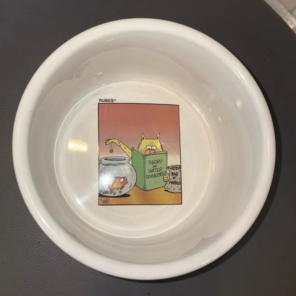 Rubes Leigh Rubin Cat Bowl with Mischievous Cat Cartoon Scenes 2002, 2.75” Deep